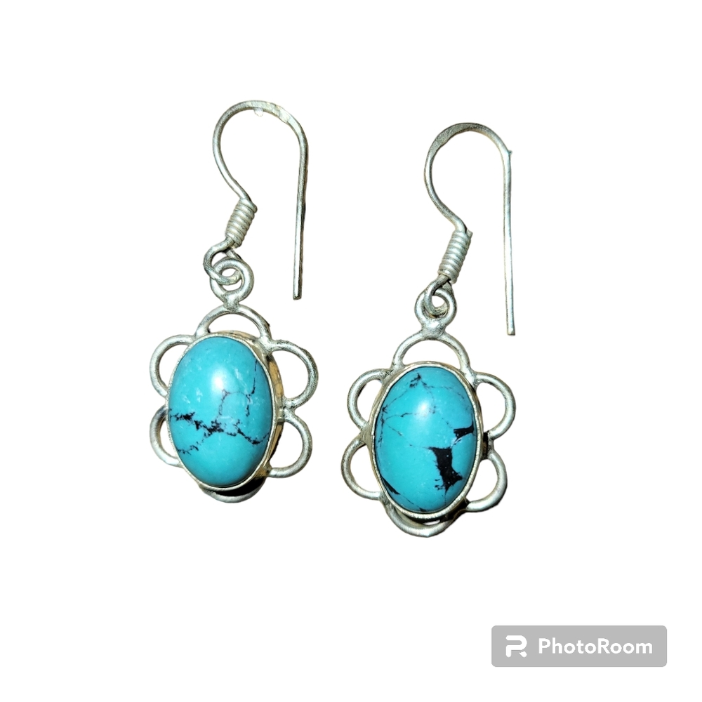 Vintage silver plated and turquoise stone dangle earrings with earwire clasps